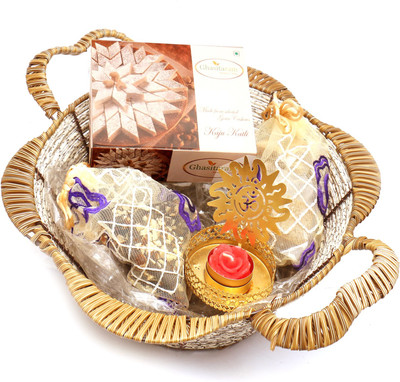 

Ghasitaram Gifts Hampers-Brown Basket with Kaju Katli, English brittles Chocolates, Roasted Almond Bites Pouch with Om T- Lite Combo(5)