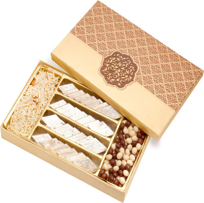 Ghasitaram Gifts Hampers-Golden Satin Hamper box with Kaju katli, Nutties and Namkeen Combo(4)