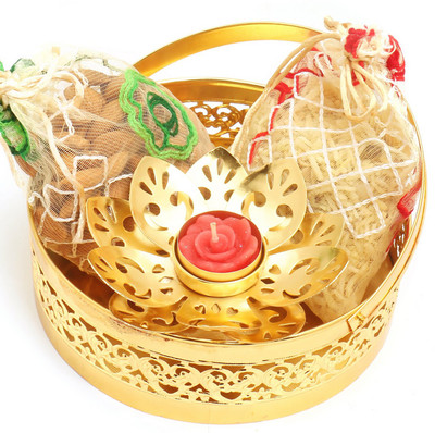 

Ghasitaram Gifts Hampers-Round Golden Basket with alomnds, Namkeen Pouches and Golden T- Lite Combo(4)