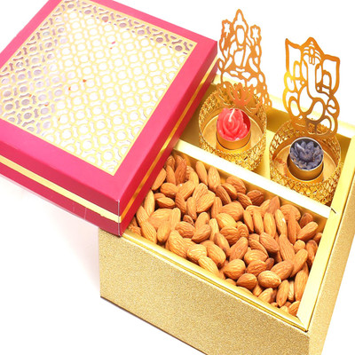 

Ghasitaram Gifts Hampers-Carving box with shadow t lites and almonds Combo(4)