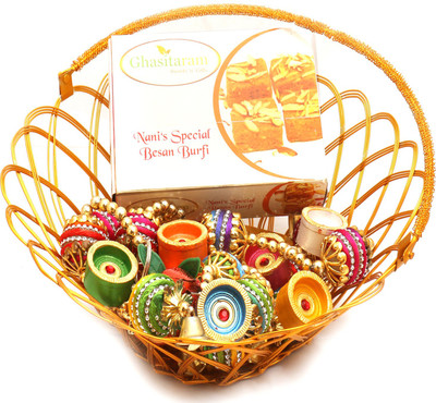 

Ghasitaram Gifts Hampers-Gold Wired Basket with Nani's Special Besan Barfi, Toran and Diyas Combo(9)