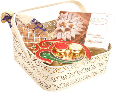

Ghasitaram Gifts Hampers-White Metal Basket with Kaju Katli, Almonds Pouch and Om Ganesh Pooja Thali Combo(4)