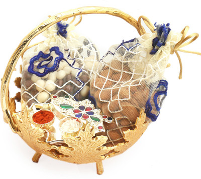 

Ghasitaram Gifts Hampers- Golden Leaf Basket of Almonds, Nutties Pouches Basket with Leaf Tika Chawal Container Combo(4)