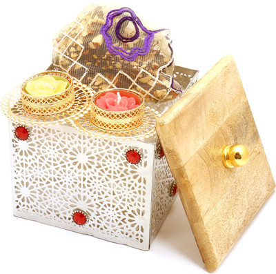 

Ghasitaram Gifts Hampers-Silver Wooden Box with English Brittle Chocolates Pouch and 2 T-Lites Combo(4)
