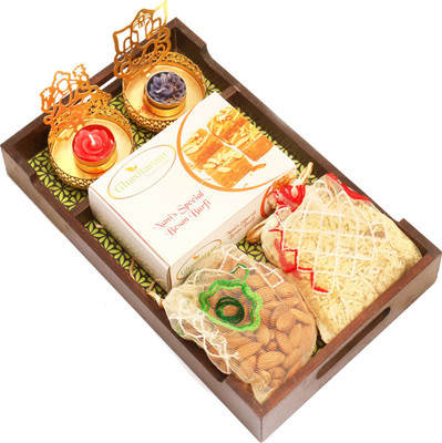 Ghasitaram Gifts Hampers-Green Wooden Serving Tray with Nani;s Special Besan Barfi, Almonds, Namkeen Pouchs and shadow t-lites Combo(6)