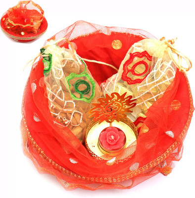 

Ghasitaram Gifts Hampers-Red Potli Basket with almonds, Chocolate Pouches and Om T- lite Combo(4)
