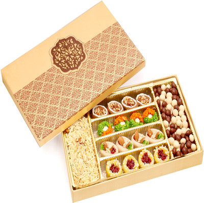 

Ghasitaram Gifts Hampers-Golden Satin Hamper box with Assorted Kaju Sweets, Nutties and Namkeen Combo(4)