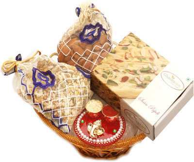 

Ghasitaram Gifts Hampers-Gold Wired Basket with Soan Papdi, Almonds, Namkeen Pouch with Mini pooja Thali Combo(5)