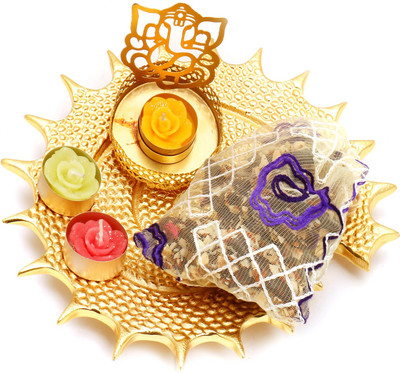 Ghasitaram Gifts Hampers-Golden Shell Thali/ Platter with Ganesha T-Lite and English Brittles Pouch Combo(3)