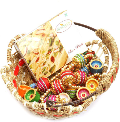 

Ghasitaram Gifts Hampers-Jute Cane Basket with Soan Papdi, Toran and Diyas Combo(9)