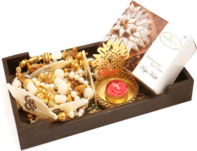 

Ghasitaram Gifts Hampers-Yellow Wooden Tray with Kaju Katli, Toran and Om T-lIte Combo(4)