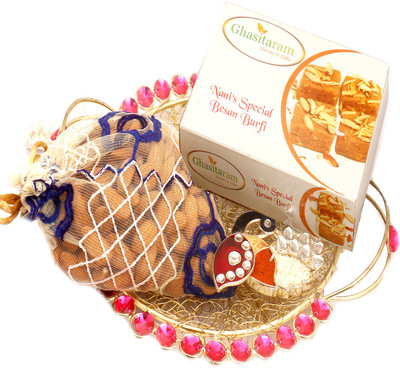 

Ghasitaram Gifts Hampers-Golden Mesh Tray with Besan Barfi, Almonds Pouch and Peacock Tika Chawal Container Combo(4)