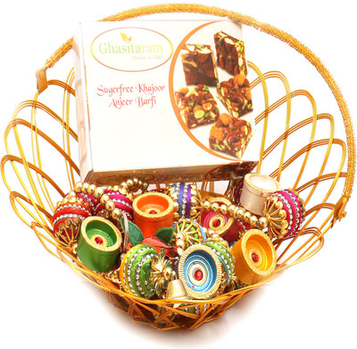 

Ghasitaram Gifts Hampers-Gold Wired Basket with Sugarfree Mix, Toran and Diyas Combo(9)