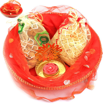

Ghasitaram Gifts Hampers-Red Potli Basket with almonds, Namkeen Pouches and Om T- lite Combo(4)