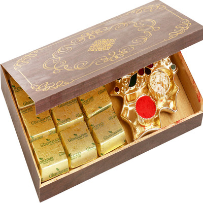 

Ghasitaram Gifts Hampers-Wooden 9 Pcs Chocolate and Leaf Tika Chawal Container Box Combo(3)