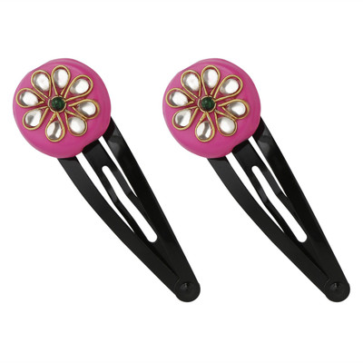 

AccessHer Beads Stones Used Black tic tac pins with Pink Kundan Beads Hair Clip(Pink)