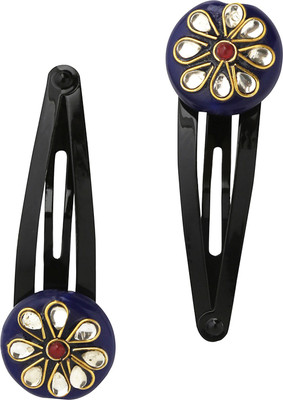 AccessHer Beads Stones Used Black tic tac pins with Blue Kundan Beads Hair Clip(Blue)
