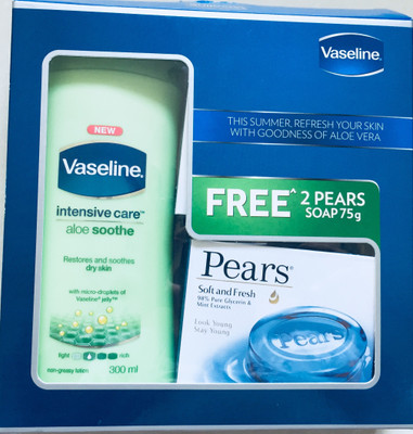 

Vaseline Intensive Care aloe Soothe With Free 2 Pears soap(300 ml)