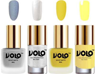 

Volo Extra Shine AND Dull Velvet Matte Nail Polish Duo Combo Metallic Silver, Yellow, Metallic Silver, Yellow(Pack of 4)