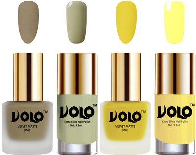 

Volo Extra Shine AND Dull Velvet Matte Nail Polish Duo Combo Sand Nude, Yellow, Mischievous Mint, Yellow(Pack of 4)