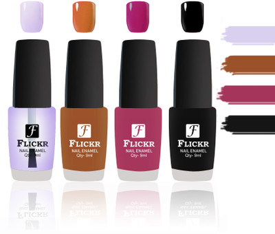 

Flickr Evergreen Nail Polish Combo With Single Coat Application Transparent,Brown,Purple,Black(Pack of 4)
