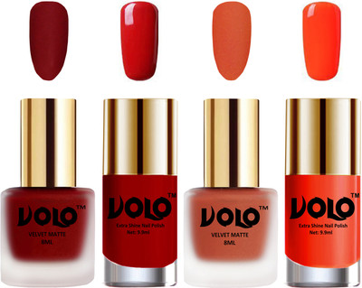 

Volo Extra Shine AND Dull Velvet Matte Nail Polish Duo Combo Tomato Red, Orange, Red, Coral(Pack of 4)