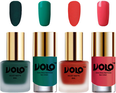 

Volo Extra Shine AND Dull Velvet Matte Nail Polish Duo Combo Dark Green, Coral, Radium Green, Light Pink(Pack of 4)