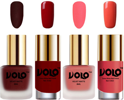 

Volo Extra Shine AND Dull Velvet Matte Nail Polish Duo Combo Maroon, Dark Peach, Red, Peach Crush(Pack of 4)
