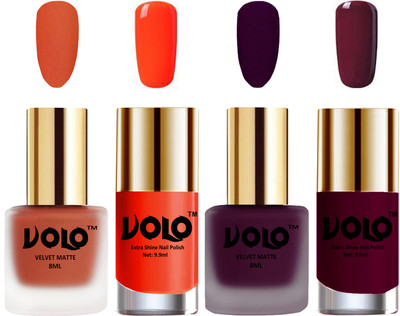 

Volo Extra Shine AND Dull Velvet Matte Nail Polish Duo Combo Orange, Light Wine, Coral, Wine(Pack of 4)