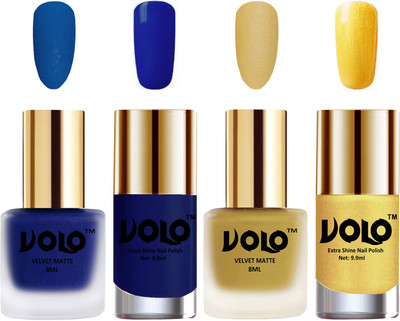 

Volo Extra Shine AND Dull Velvet Matte Nail Polish Duo Combo Blue, Metallic Golden, Royal Blue, Gold Chrome(Pack of 4)