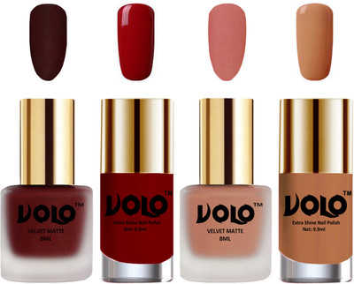 

Volo Extra Shine AND Dull Velvet Matte Nail Polish Duo Combo Maroon, Light Peach, Red, Nude(Pack of 4)