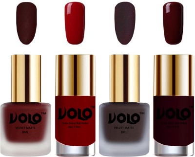 Volo Extra Shine AND Dull Velvet Matte Nail Polish Duo Combo-No-141 Red, Dark Coffee, Maroon(Pack of 4)