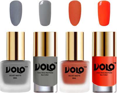 

Volo Extra Shine AND Dull Velvet Matte Nail Polish Duo Combo Grey, Orange, Grey, Coral(Pack of 4)