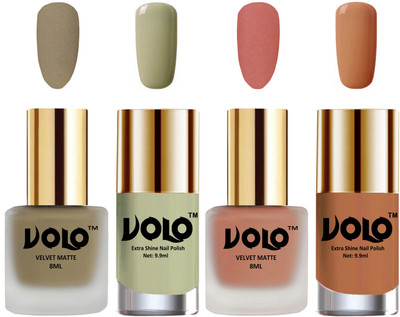 

Volo Extra Shine AND Dull Velvet Matte Nail Paint Duo Combo Sand Nude, Light Peach, Mischievous Mint, Nude(Pack of 4)