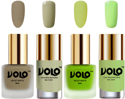

Volo Extra Shine AND Dull Velvet Matte Nail Polish Duo Combo Sand Nude, Parrot Green, Mischievous Mint, Parrot Green(Pack of 4)