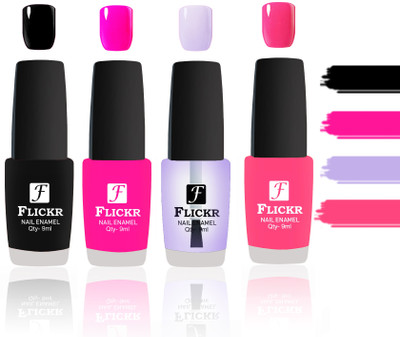

Flickr Evergreen Nail Polish Combo With Single Coat Application Black, Pink, Transparent, Peach(Pack of 4)