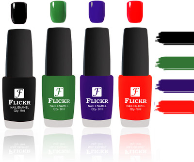

Flickr Evergreen Nail Polish Combo With Single Coat Application Black, Green, Blue, Red(Pack of 4)