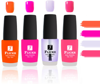 

Flickr Evergreen Nail Polish Combo With Single Coat Application Orange, Pink, Transparent, Peach(Pack of 4)