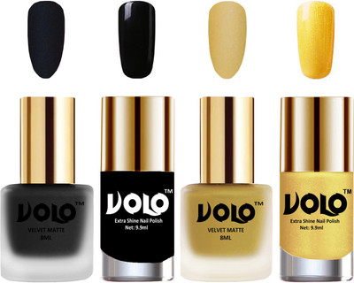 Volo Extra Shine AND Dull Velvet Matte Nail Polish Duo Combo Black, Metallic Golden, Black, Gold Chrome(Pack of 4)