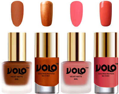 

Volo Extra Shine AND Dull Velvet Matte Nail Polish Duo Combo Metallic Coral, Dark Peach, Red Gold, Peach Crush(Pack of 4)
