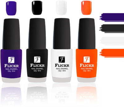 

Flickr Evergreen Nail Polish Combo With Single Coat Application Blue,Black,White,Orange(Pack of 4)