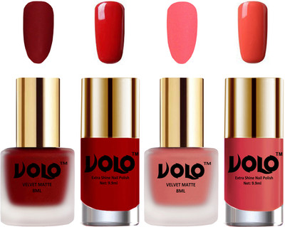 

Volo Extra Shine AND Dull Velvet Matte Nail Polish Duo Combo Tomato Red, Dark Peach, Red, Peach Crush(Pack of 4)