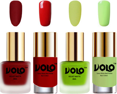 

Volo Extra Shine AND Dull Velvet Matte Nail Polish Duo Combo Tomato Red, Parrot Green, Red, Parrot Green(Pack of 4)