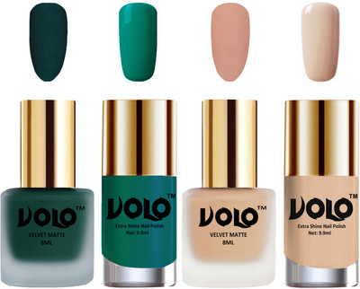

Volo Extra Shine AND Dull Velvet Matte Nail Polish Duo Combo Dark Green, Light Peach, Radium Green, Nude(Pack of 4)