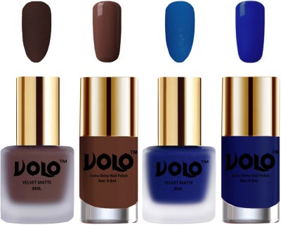 Volo Extra Shine AND Dull Velvet Matte Nail Polish Duo Combo-No-04 Blue, Chocolate Brown, Royal Blue(Pack of 4)