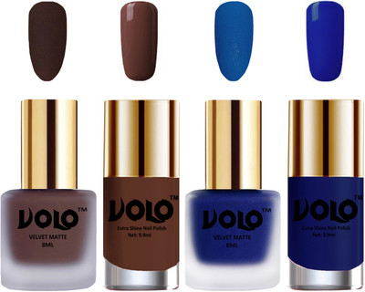 Volo Extra Shine AND Dull Velvet Matte Nail Polish Duo Combo-No-04 Blue, Chocolate Brown, Royal Blue(Pack of 4)