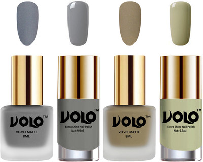 

Volo Extra Shine AND Dull Velvet Matte Nail Polish Duo Combo Grey, Sand Nude, Grey, Mischievous Mint(Pack of 4)