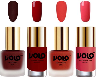 Volo Extra Shine AND Dull Velvet Matte Nail Polish Duo Combo-No-154 Coral, Red, Maroon, Light Pink(Pack of 4)
