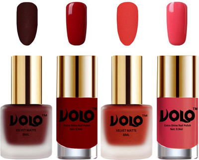 

Volo Extra Shine AND Dull Velvet Matte Nail Polish Duo Combo Maroon, Coral, Red, Light Pink(Pack of 4)