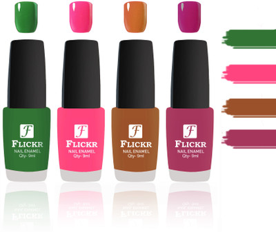Flickr Evergreen Nail Polish Combo With Single Coat Application Green,Peach,Brown,Purple(Pack of 4)